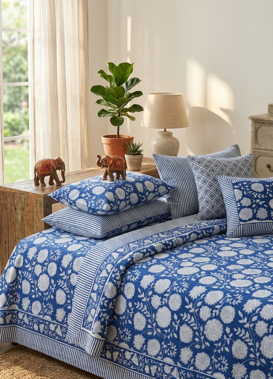 Indigo Hand Block Printed King Bedsheet with Reversible Pillow Covers (90 x 108 inches)