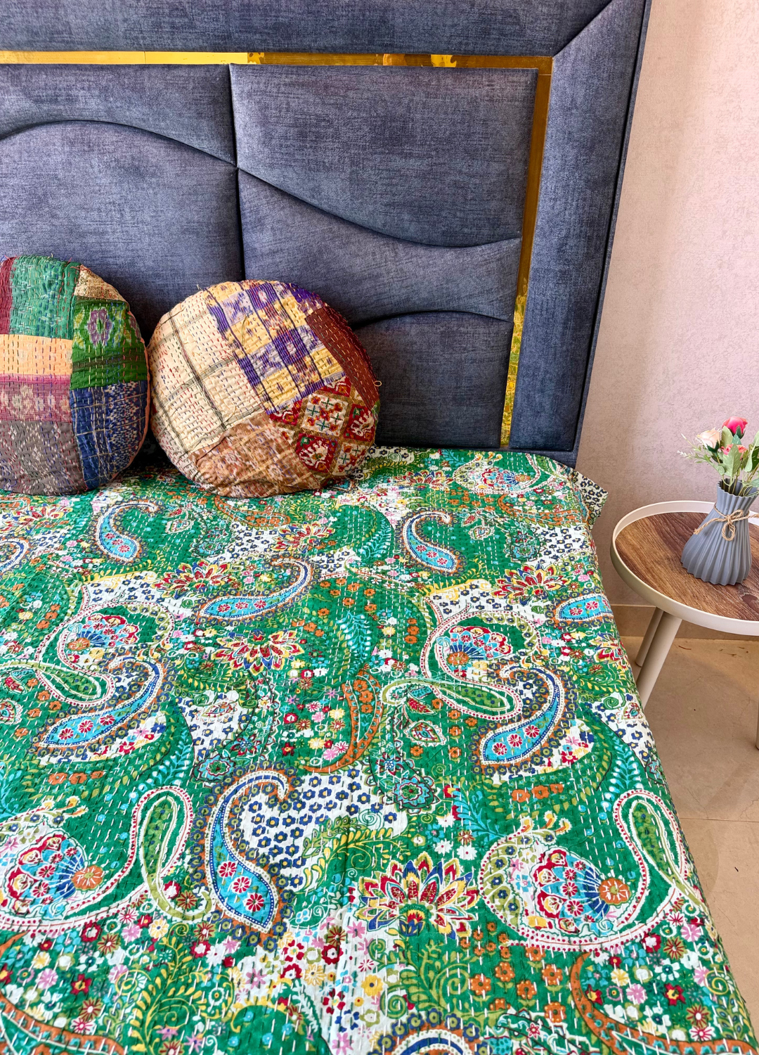 Green Kantha Luxury Bedcover - 90x108 inch