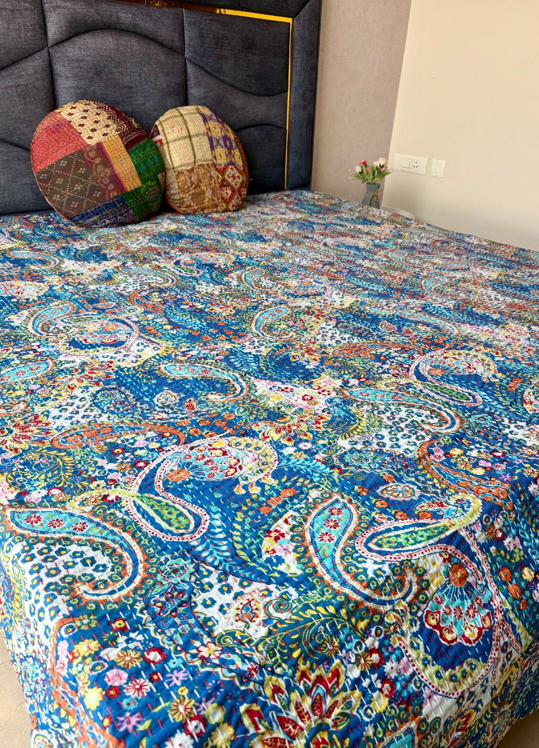Blue Kantha Luxury Bedcover - 90x108 inch