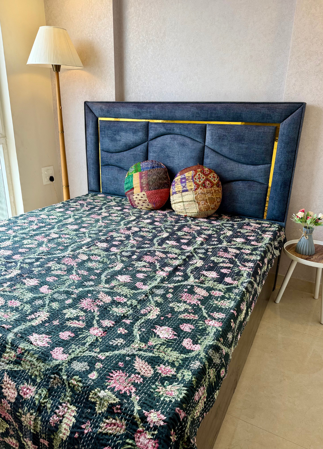 Black Kantha Luxury Bedcover - 90x108 inch