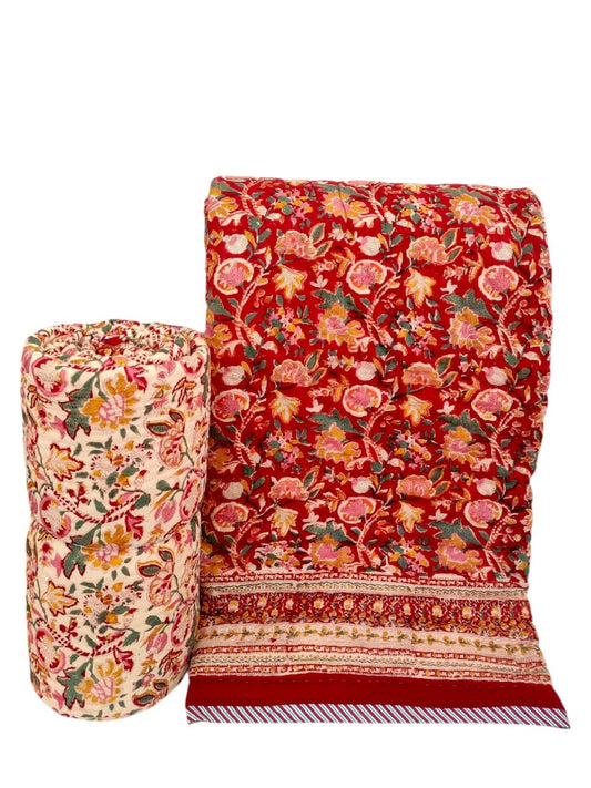 Jaipuri Quilt- Handblock Printed Reversible Mulmul Cotton Quilt - Double (90 x 108 inch)