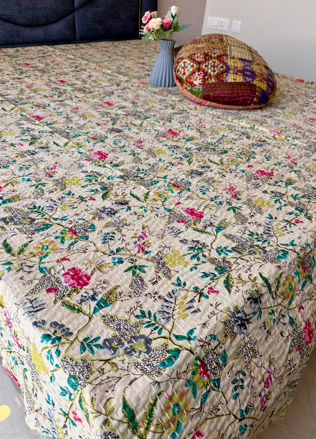 Beige Kantha Luxury Bedcover - 90x108 inch