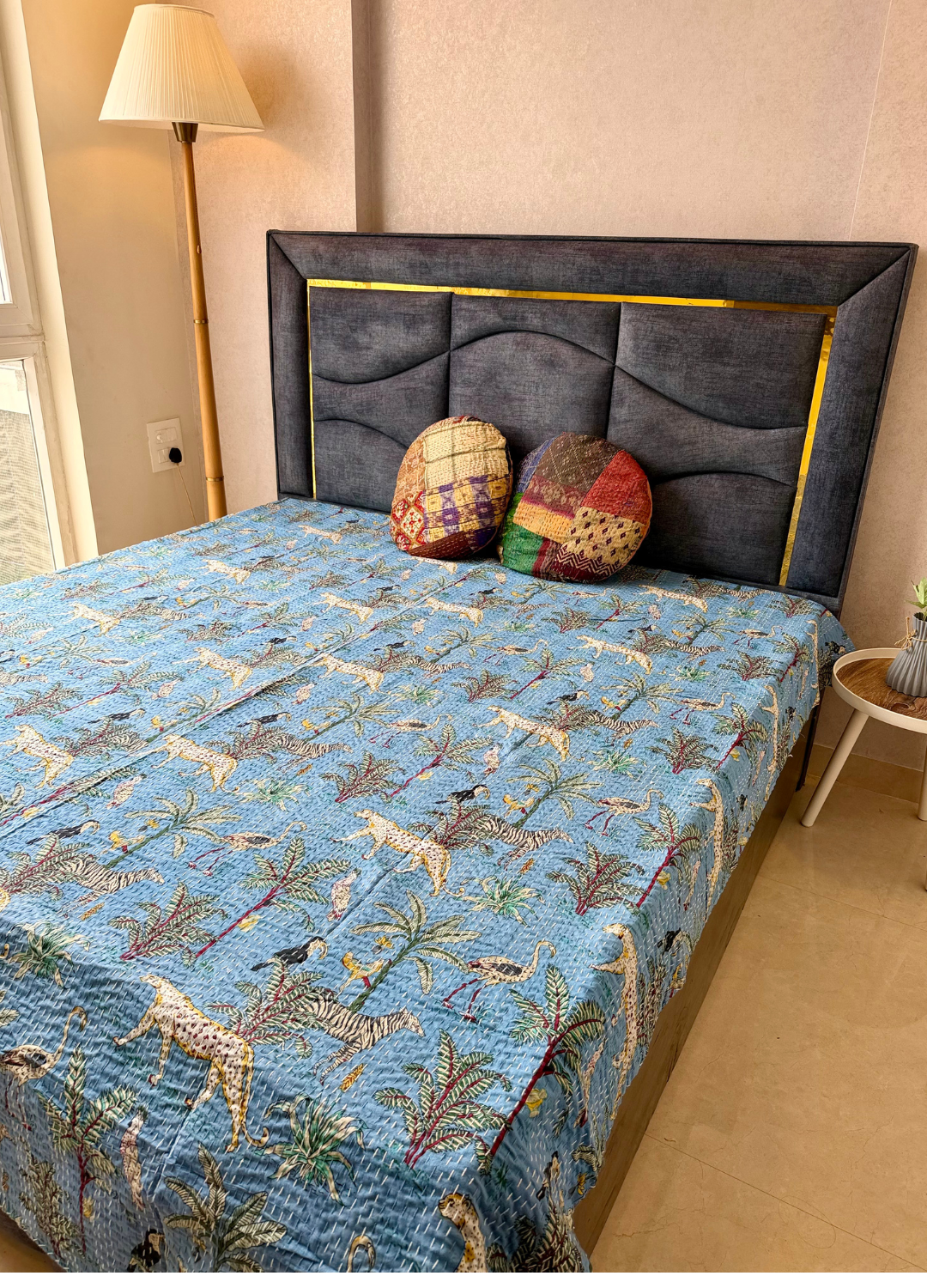 Blue Kantha Luxury Bedcover - 90x108 inch