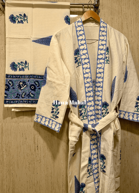 Set of 2 Blockprint Cotton Waffle Bathrobe & Towel