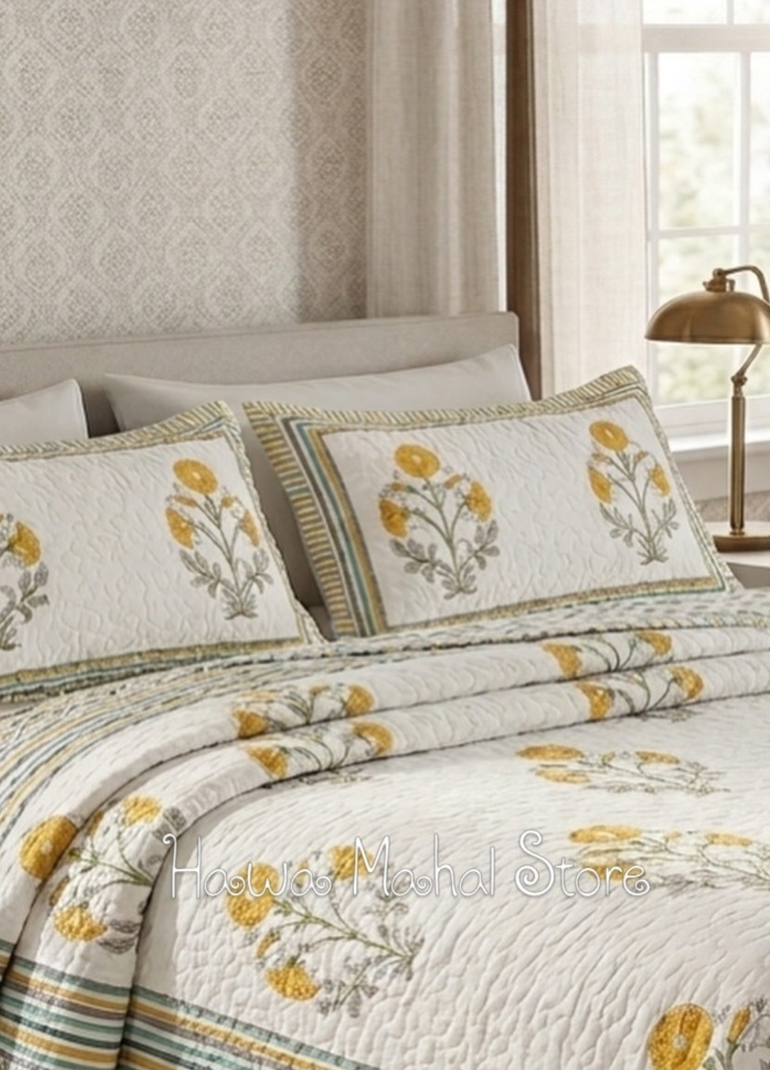 Handcrafted Quilted Cotton Bedcover with Two Pillow Covers