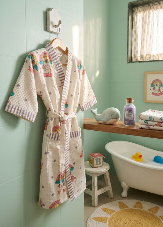 Hand Block Printed Kids Waffle Cotton Bathrobe - Unicorn