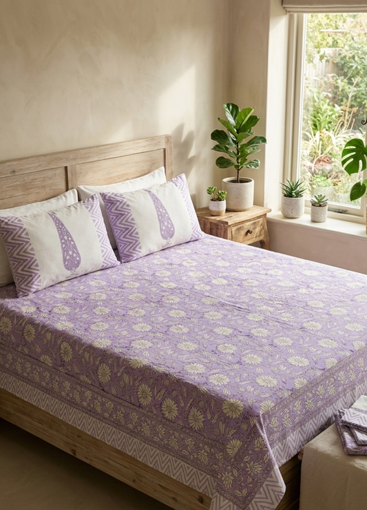 Hand Block Printed Super King Bedsheet with Reversible Pillow Covers (108 x 108 inches)