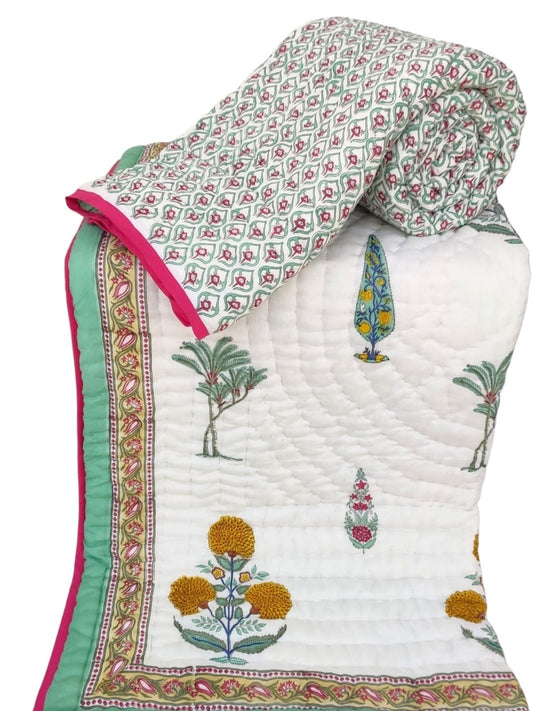 Handblock Printed Reversible Mulmul Cotton Quilt - Set of 2 Single Quilt (60 x 90 inch)