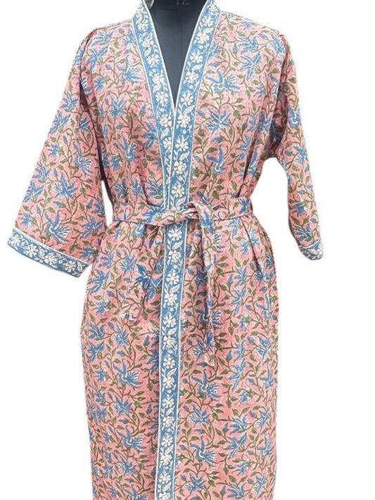 Pink Hand Block Printed Cotton Waffle Bathrobe – Ultra Soft & Absorbent