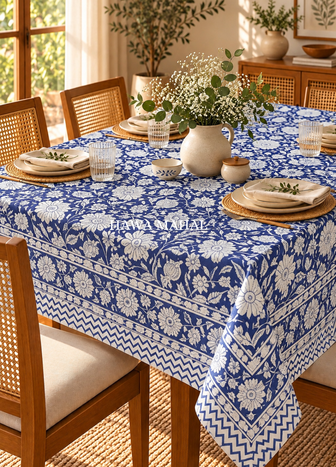 Blue Handblock Printed Canvas Table Cover