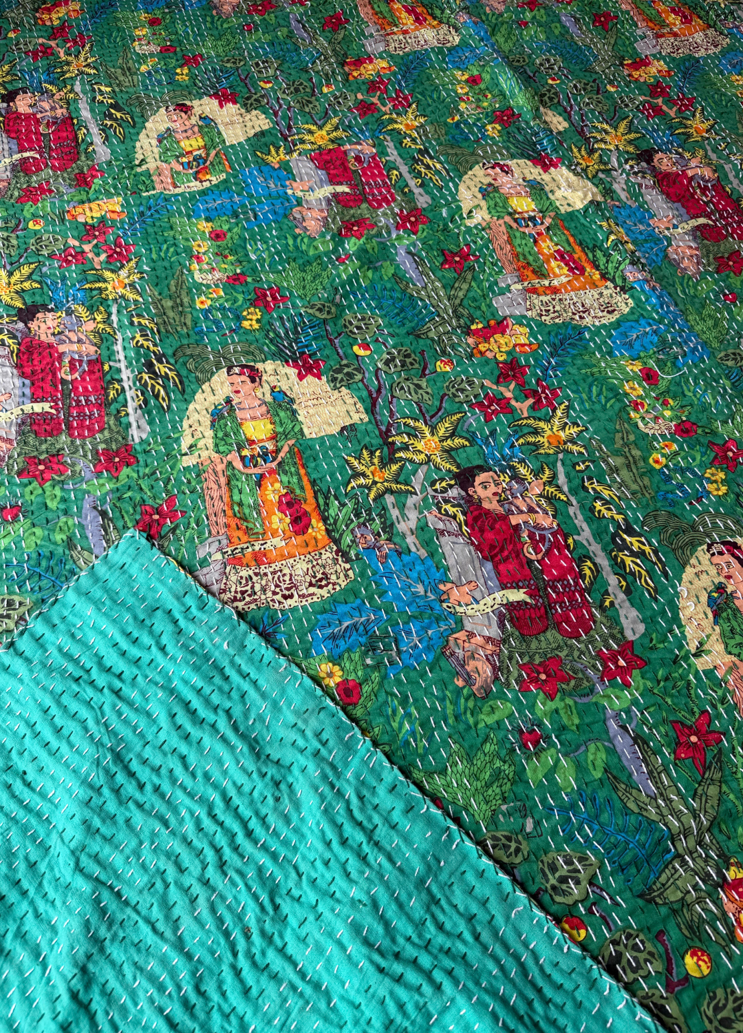 Green Frida Kantha Luxury Bedcover - 90x108 inch