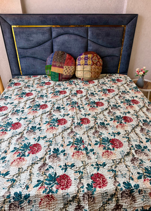 White Kantha Luxury Bedcover - 90x108 inch