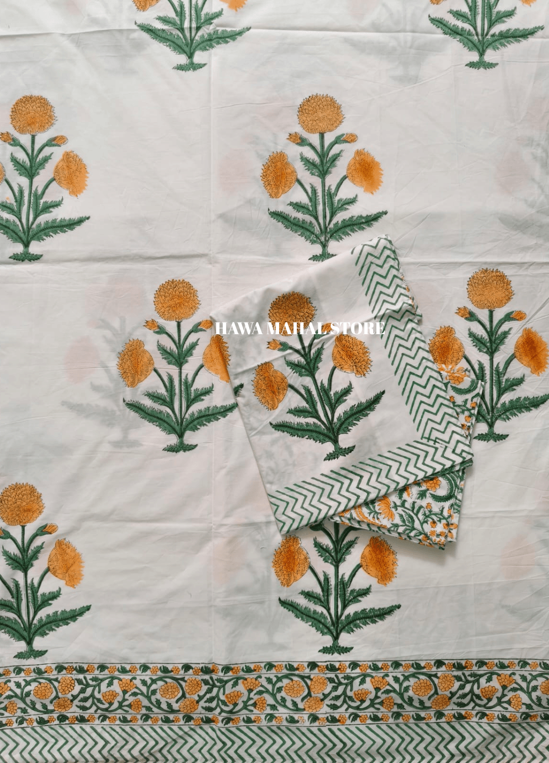 Handblock Print Percale Bedsheet with Reversible Pillow Covers