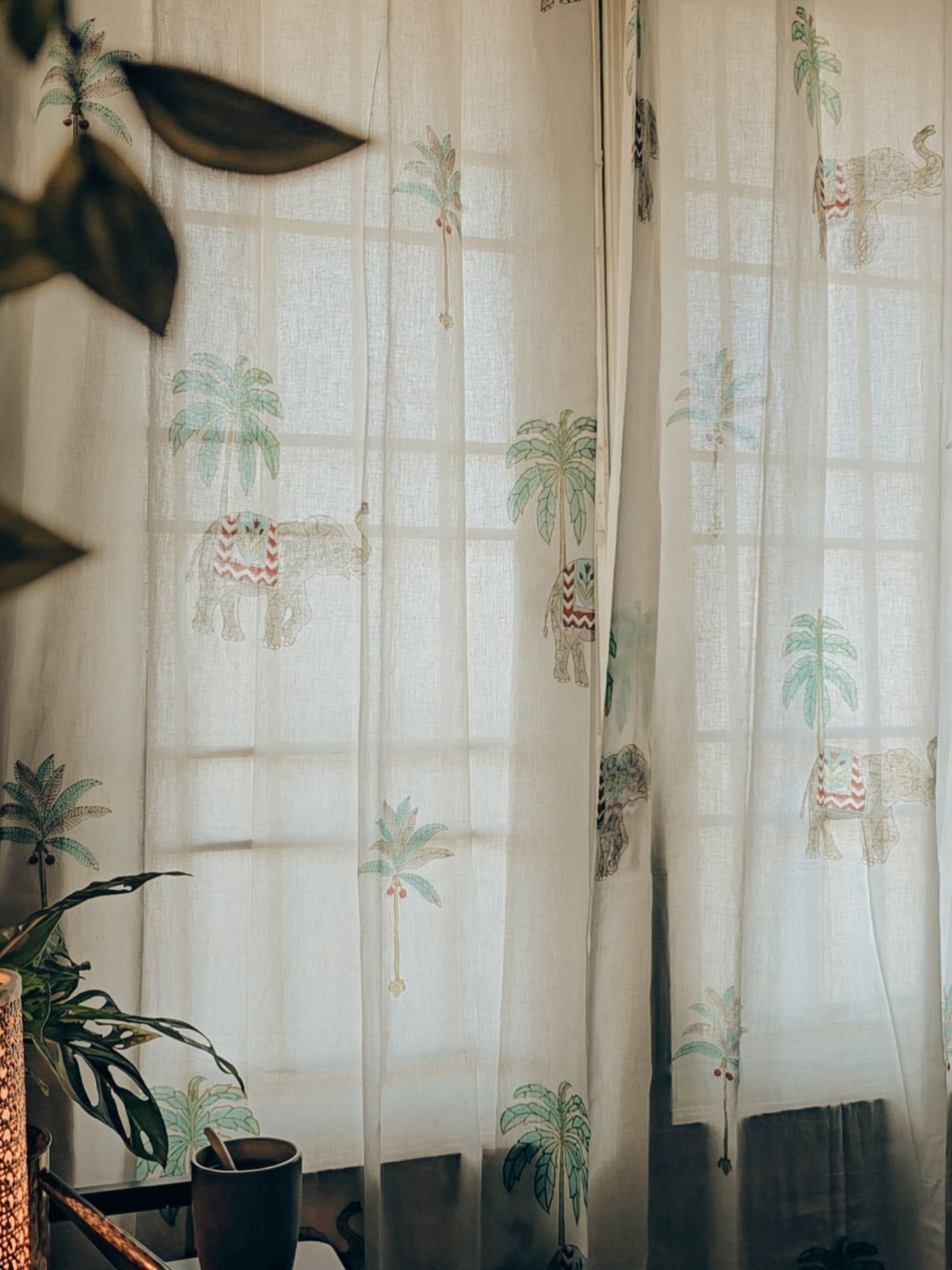 Green Elephant Palm Handblock Curtains