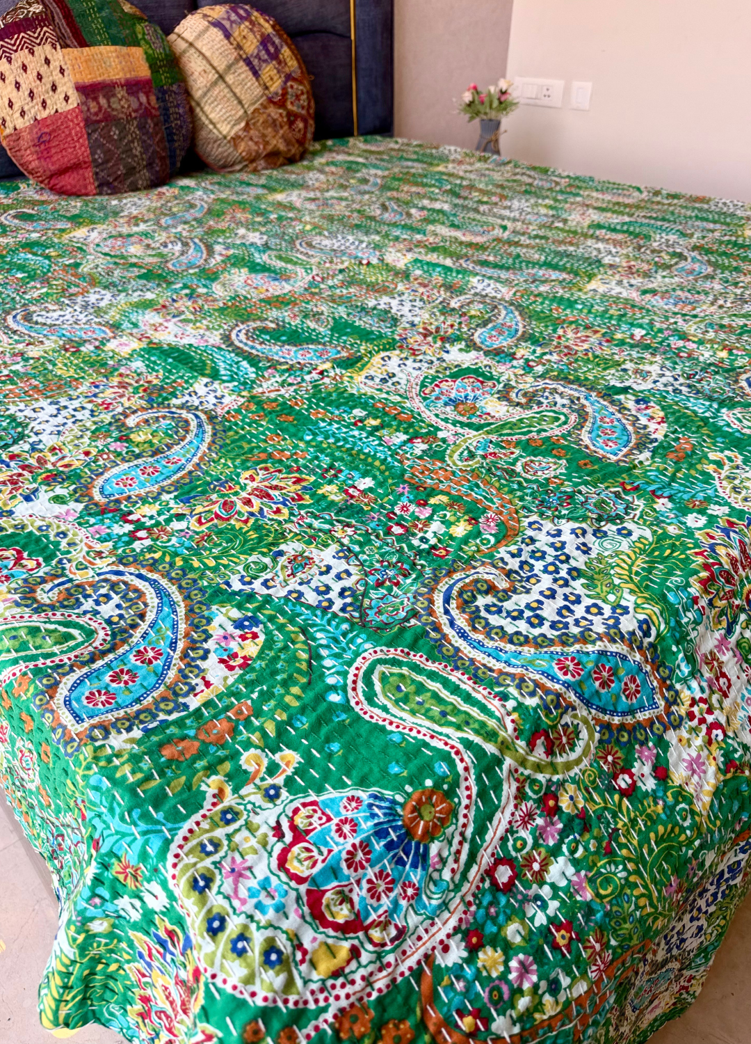 Green Kantha Luxury Bedcover - 90x108 inch