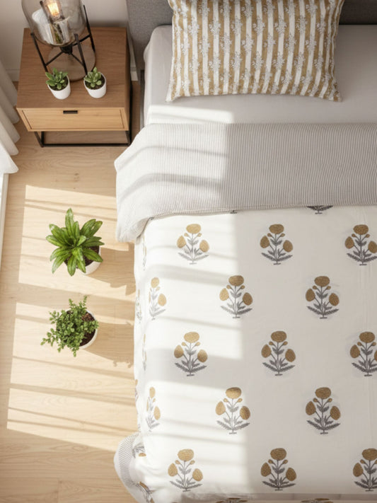 Bhoomi Hand Block Printed King Bedsheet with Reversible Pillow Covers (90 x 108 inches)