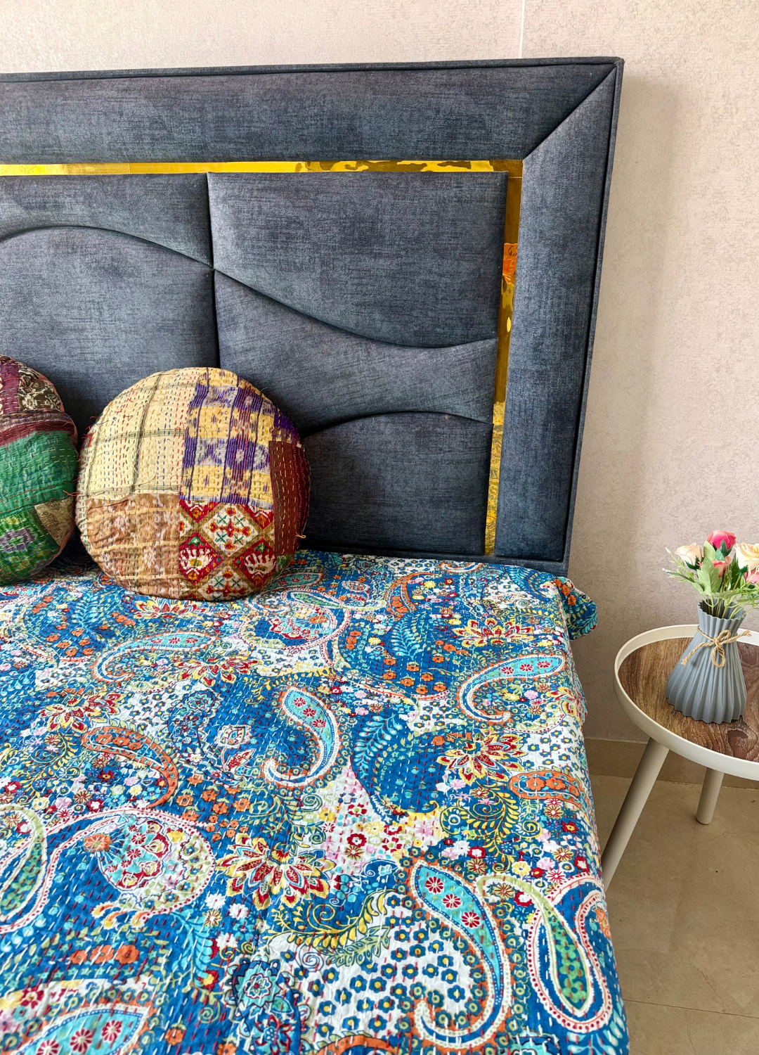 Blue Kantha Luxury Bedcover - 90x108 inch