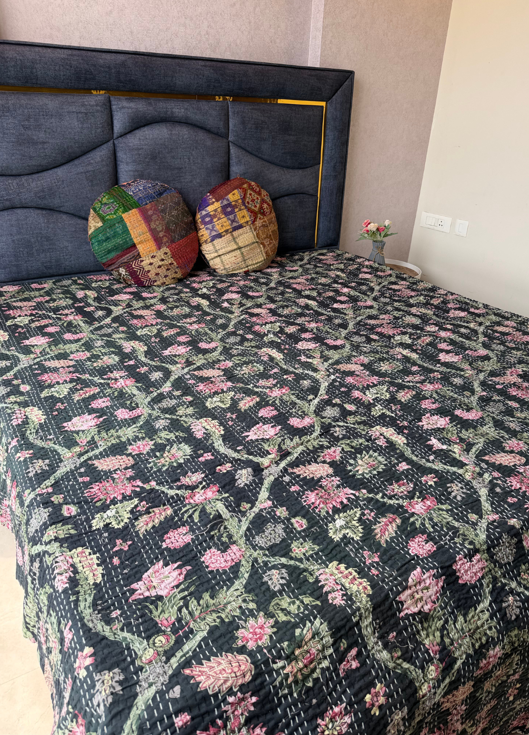 Black Kantha Luxury Bedcover - 90x108 inch