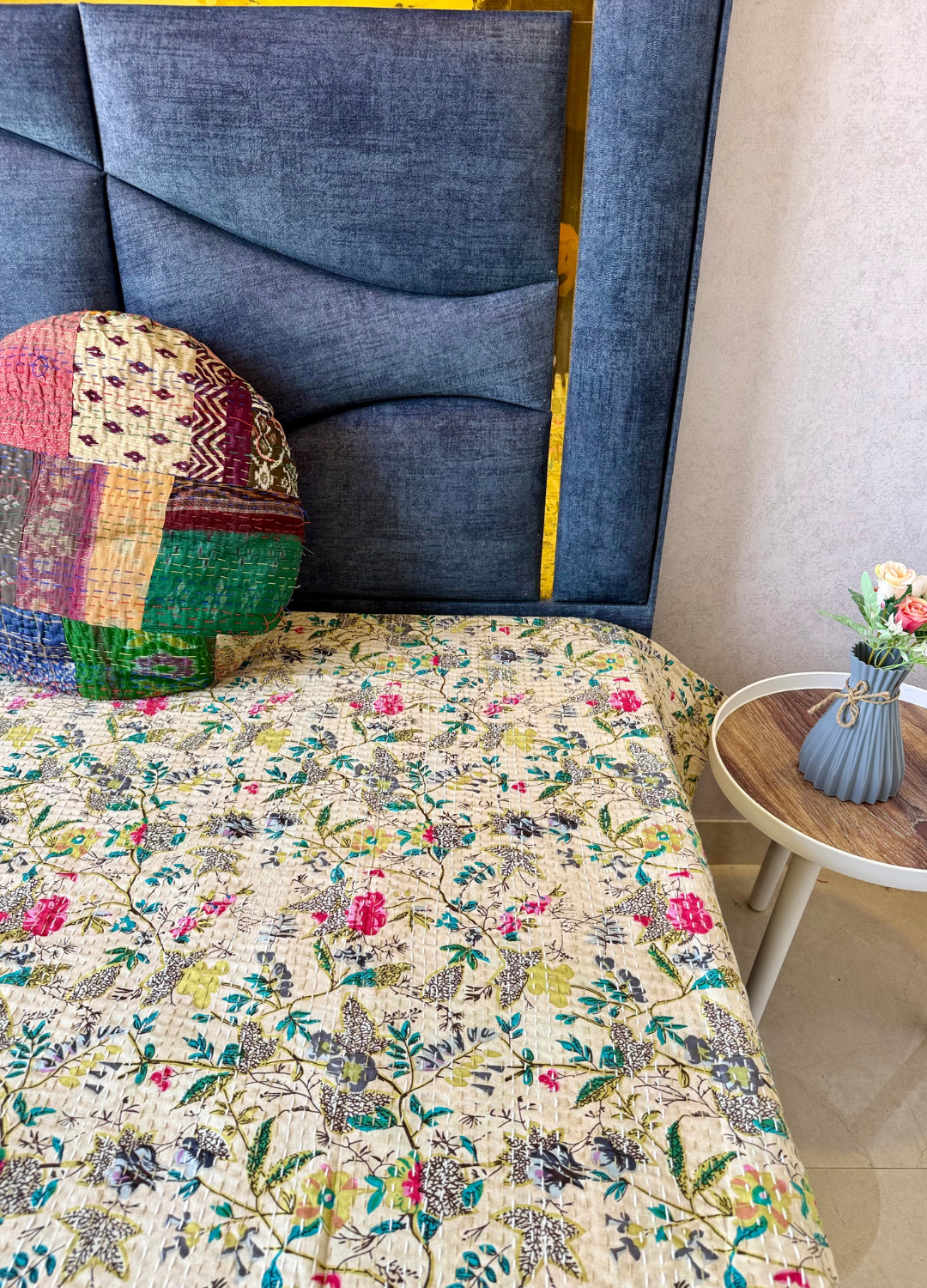 Beige Kantha Luxury Bedcover - 90x108 inch
