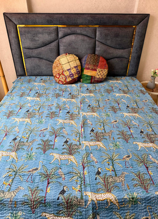 Blue Kantha Luxury Bedcover - 90x108 inch