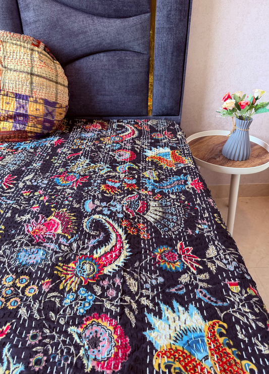 Black Kantha Luxury Bedcover - 90x108 inch
