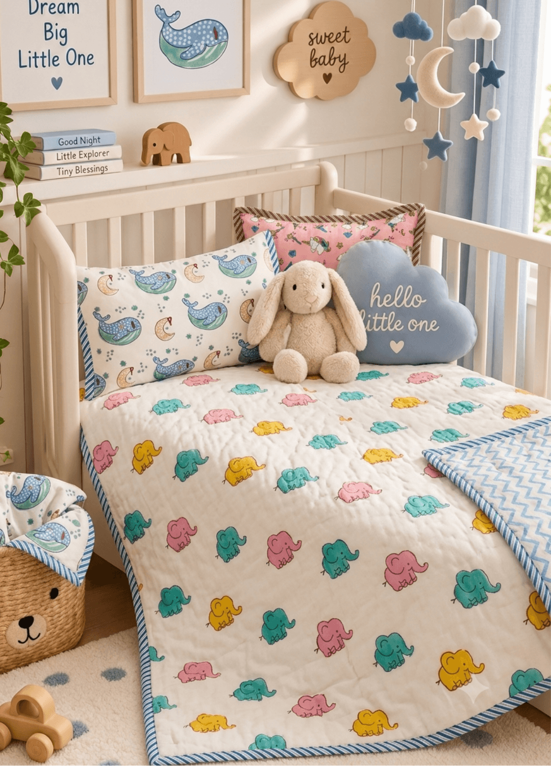 Kids Reversible Mulmul Quilt- Baby Elephant