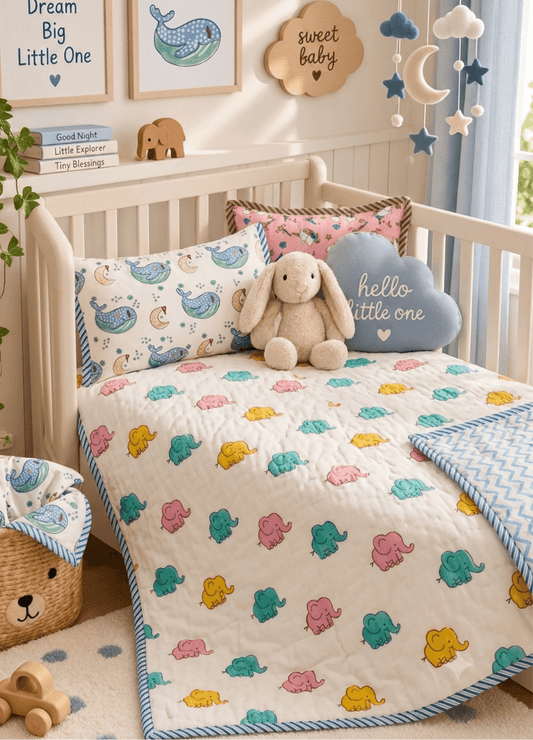 Kids Reversible Mulmul Quilt- Baby Elephant