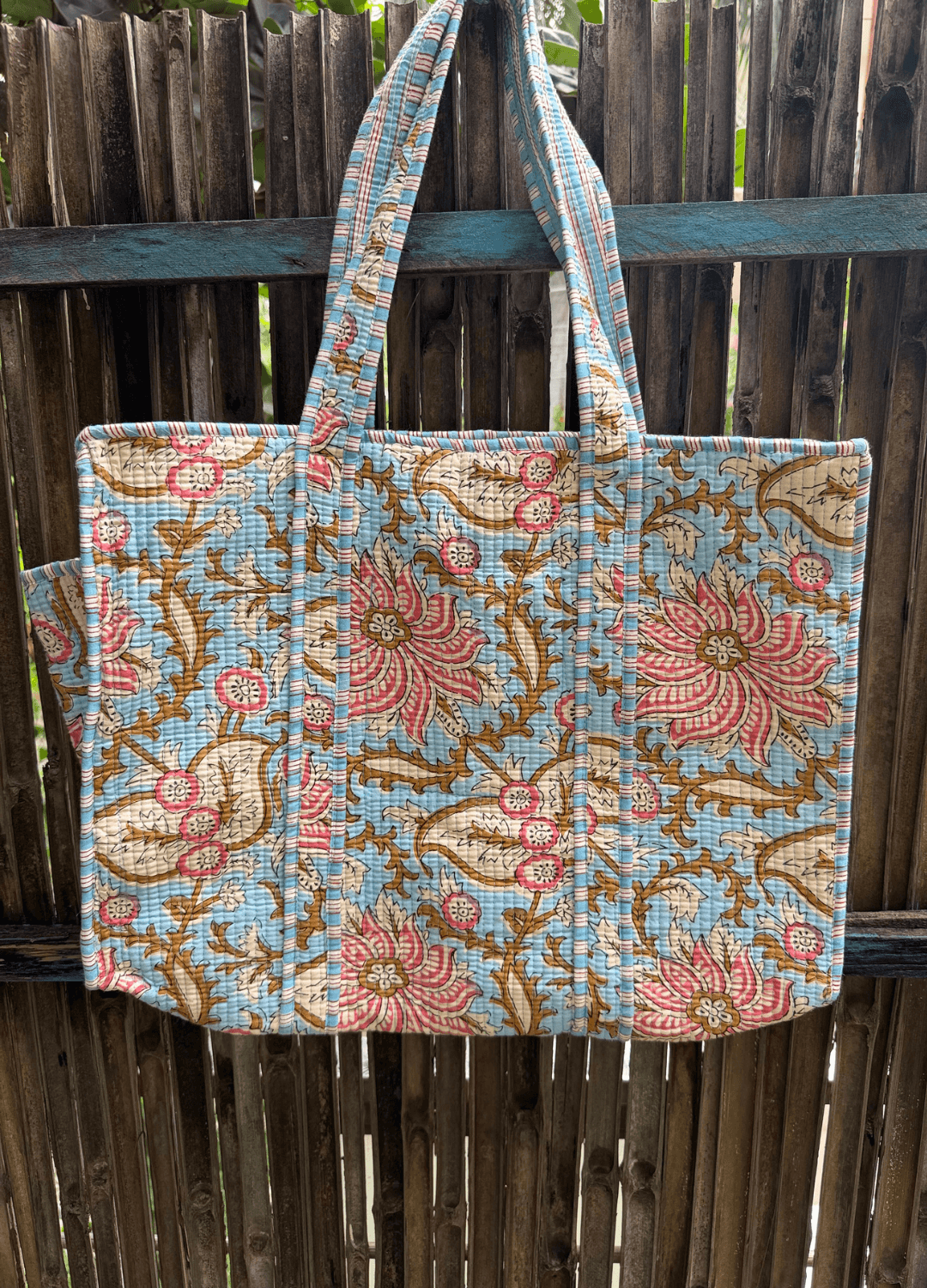 Block Printed Big Tote with bottle holder