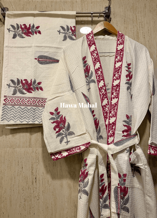 Set of 2 Blockprint Cotton Waffle Bathrobe & Towel