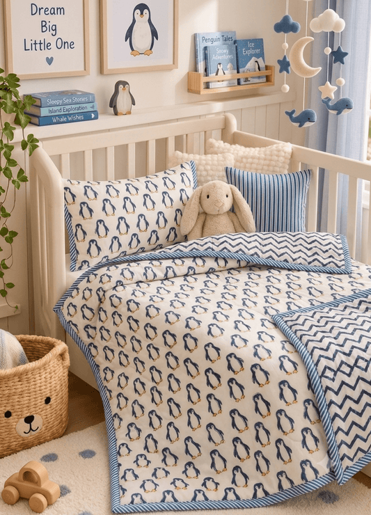 Kids Reversible Mulmul Quilt- Penguin