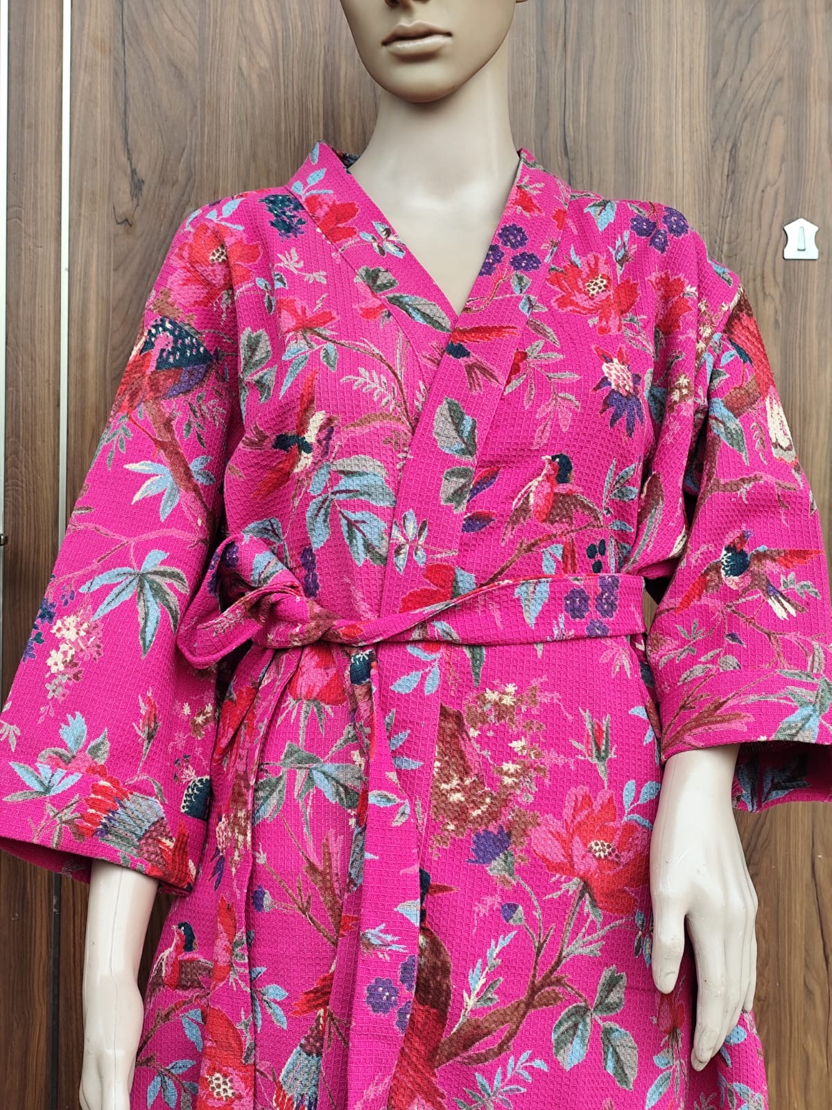 Pink Hand Block Printed Cotton Waffle Bathrobe – Ultra Soft & Absorbent