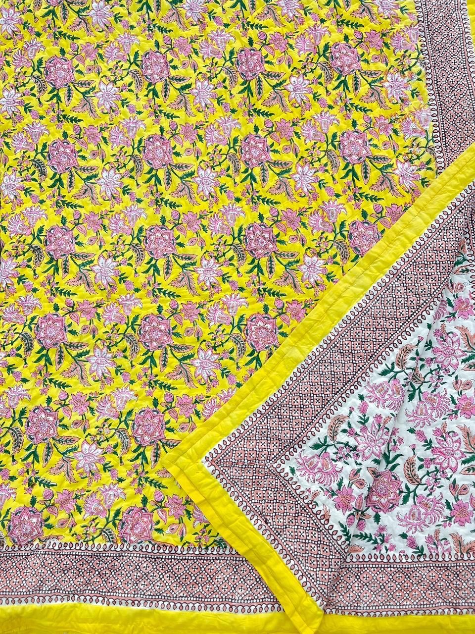 Yellow Handblock Printed Reversible Mulmul Cotton Quilt - Double (90 x 108 inch)