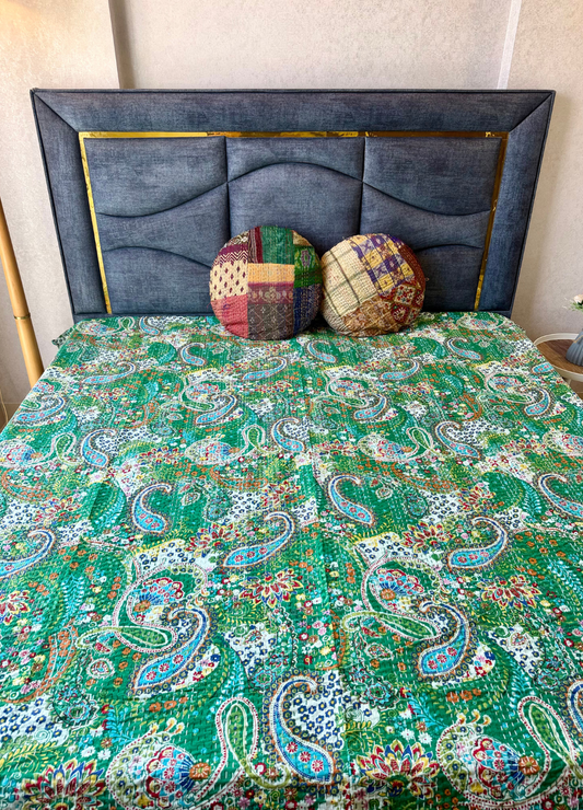 Green Kantha Luxury Bedcover - 90x108 inch