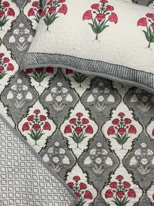 Handcrafted Quilted Cotton Bedcover with Two Pillow Covers