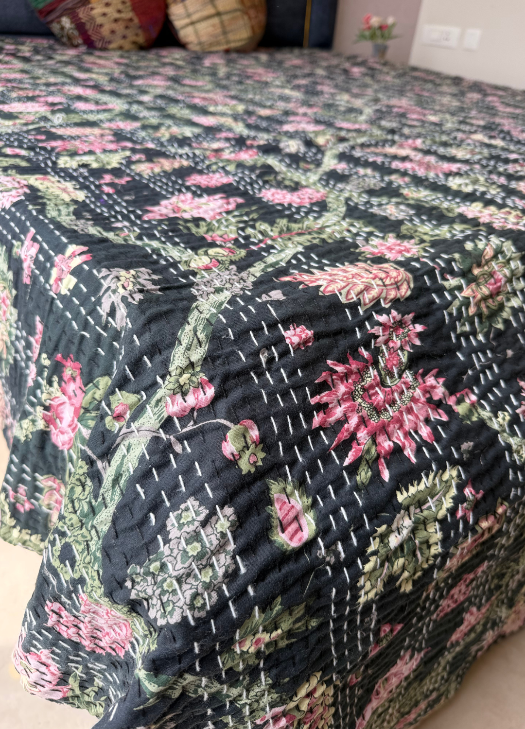 Black Kantha Luxury Bedcover - 90x108 inch