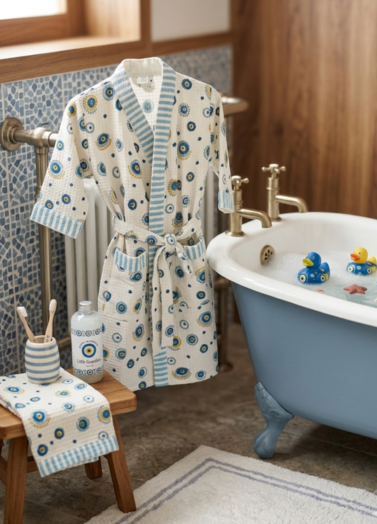 Hand Block Printed Kids Waffle Cotton Bathrobe - Evil Eye