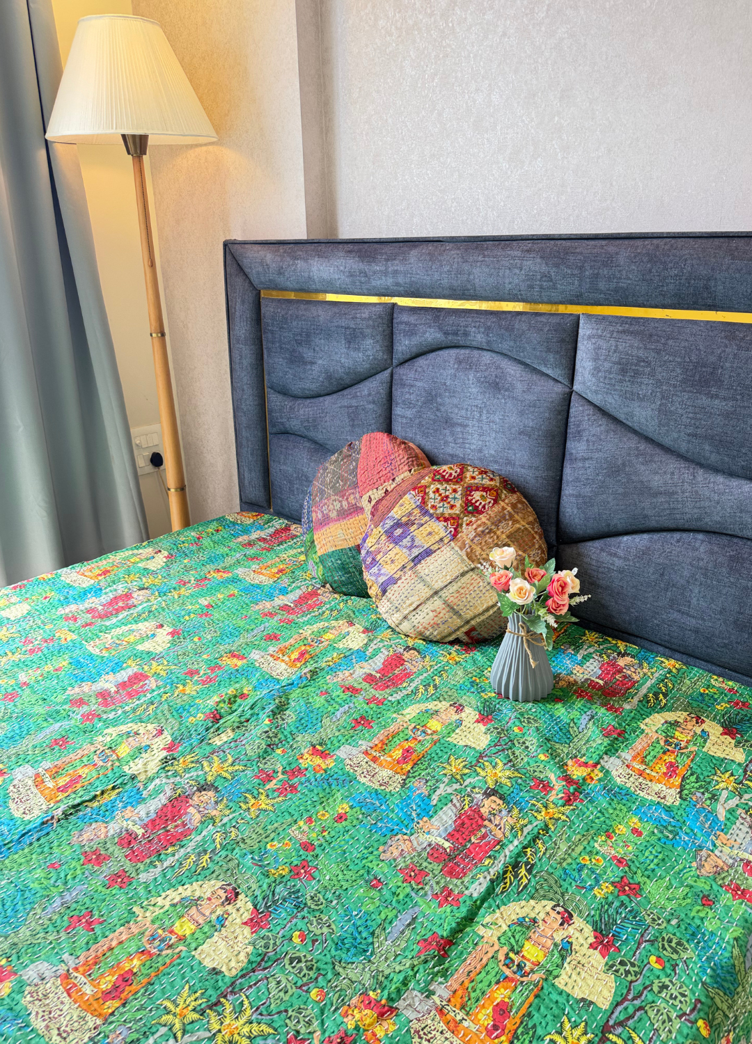 Green Frida Kantha Luxury Bedcover - 90x108 inch