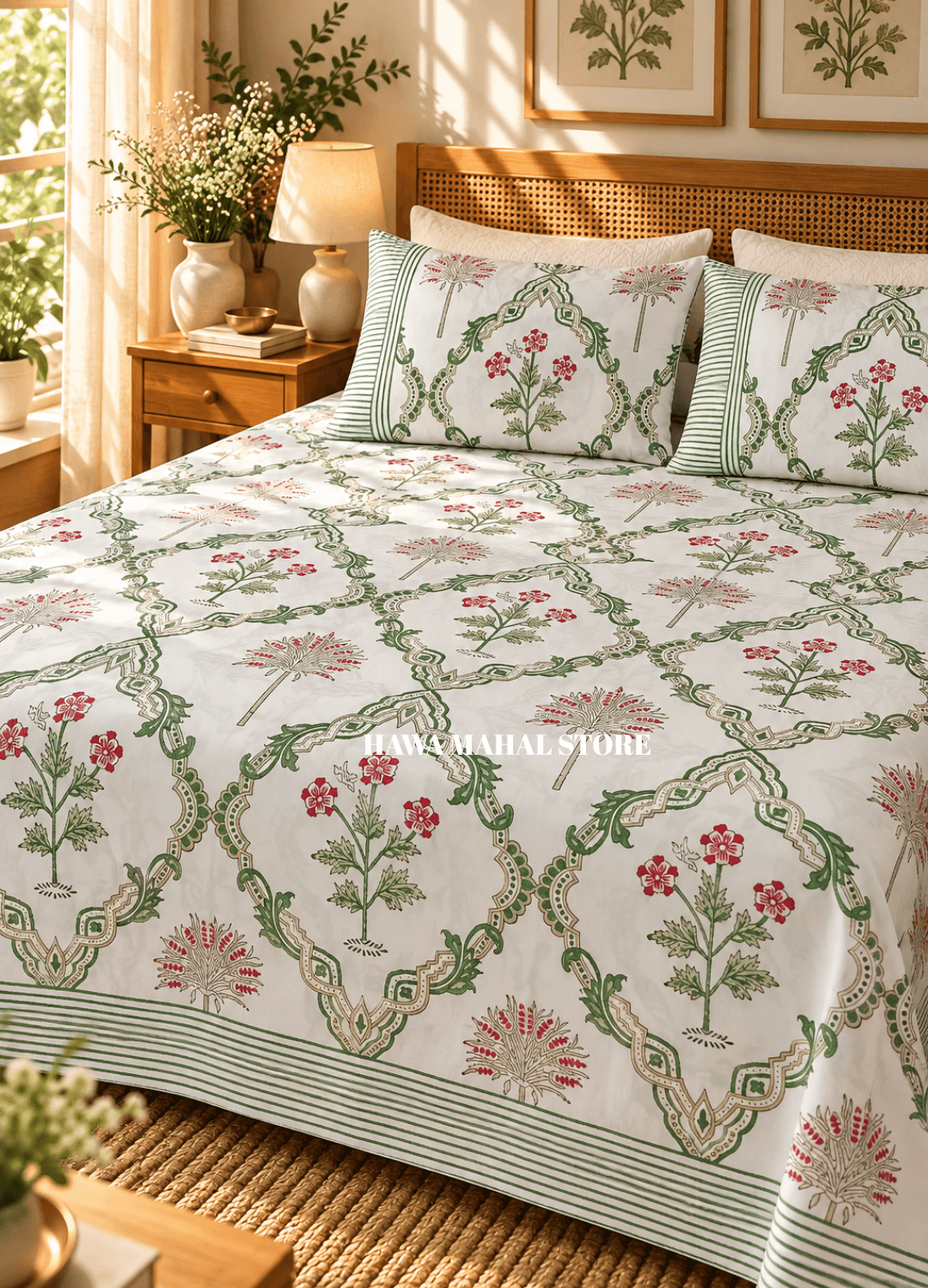 Handblock Print Percale Bedsheet with Reversible Pillow Covers