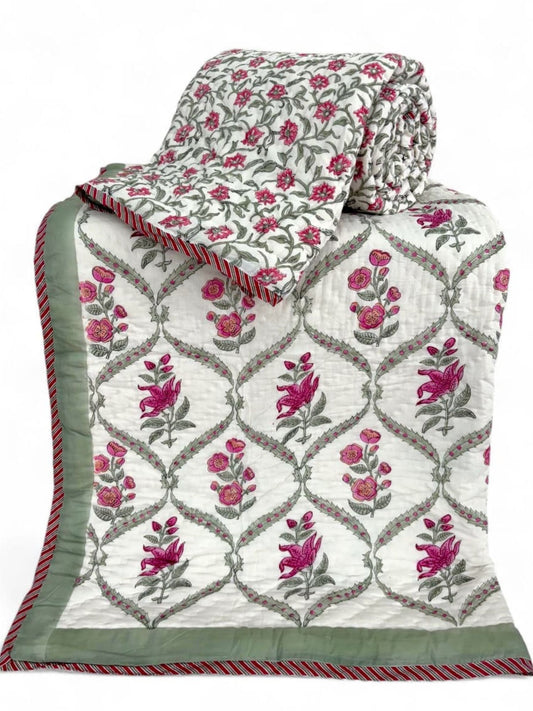 Handblock Printed Reversible Mulmul Cotton Quilt - Set of 2 Single Quilt (60 x 90 inch)