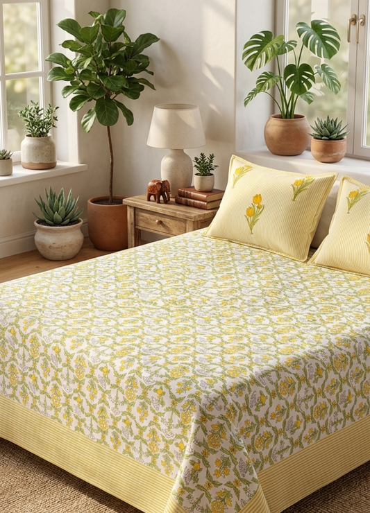 Hand Block Printed Super King Bedsheet with Reversible Pillow Covers (108 x 108 inches)