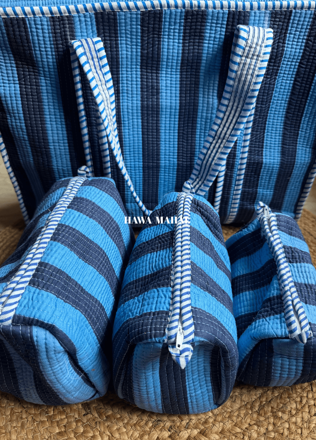 Stripe Quilted Cotton Tote Bag & Pouches (Set of 3) Combo
