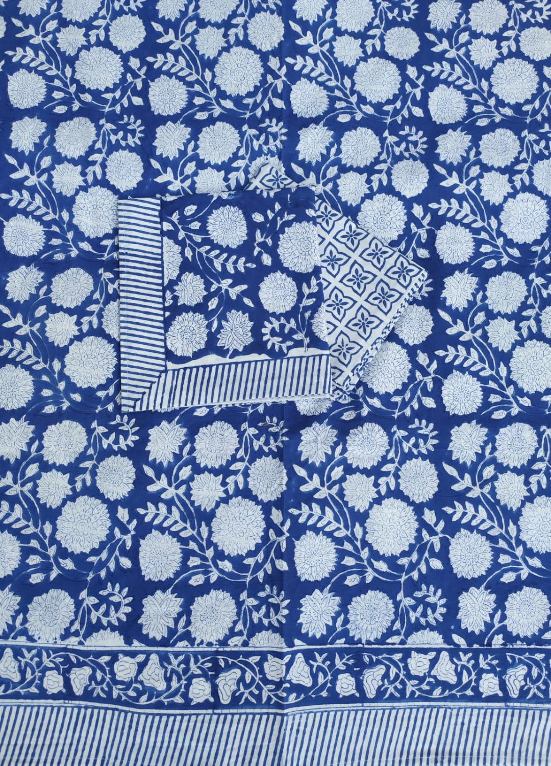 Indigo Hand Block Printed King Bedsheet with Reversible Pillow Covers (90 x 108 inches)