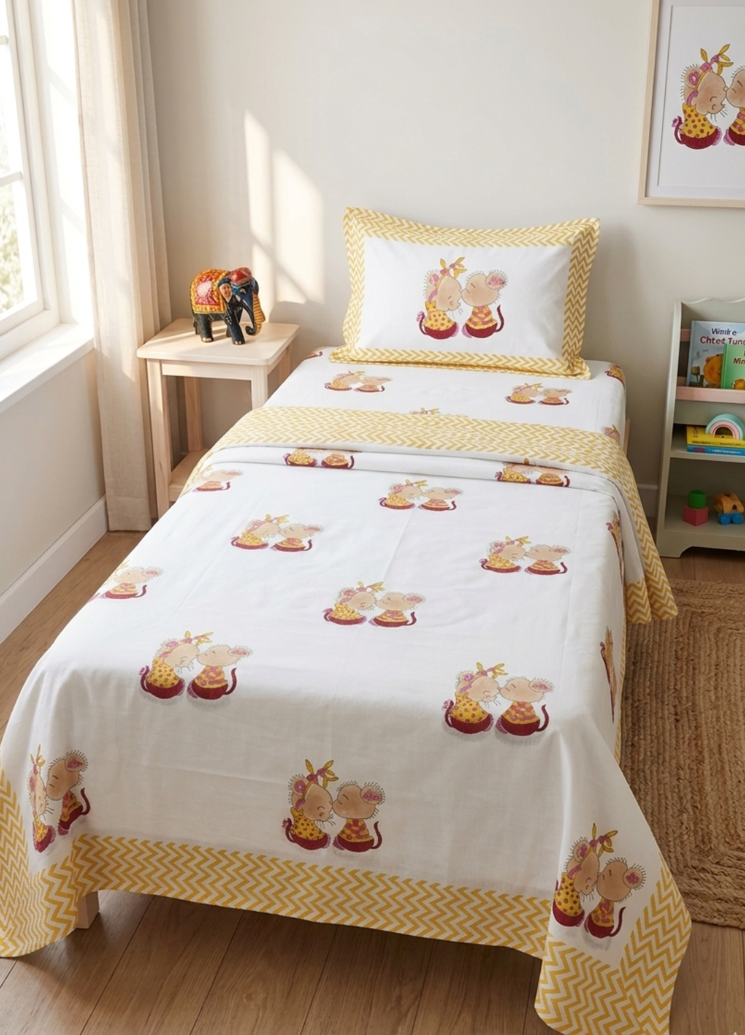 Kids Handblock South cotton Single Bedsheet – Mouse