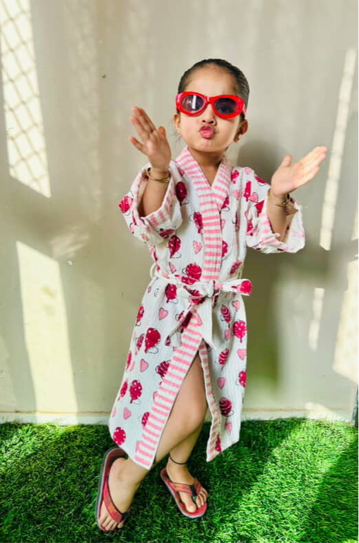 Hand Block Printed Kids Waffle Cotton Bathrobe - Pink Balloons