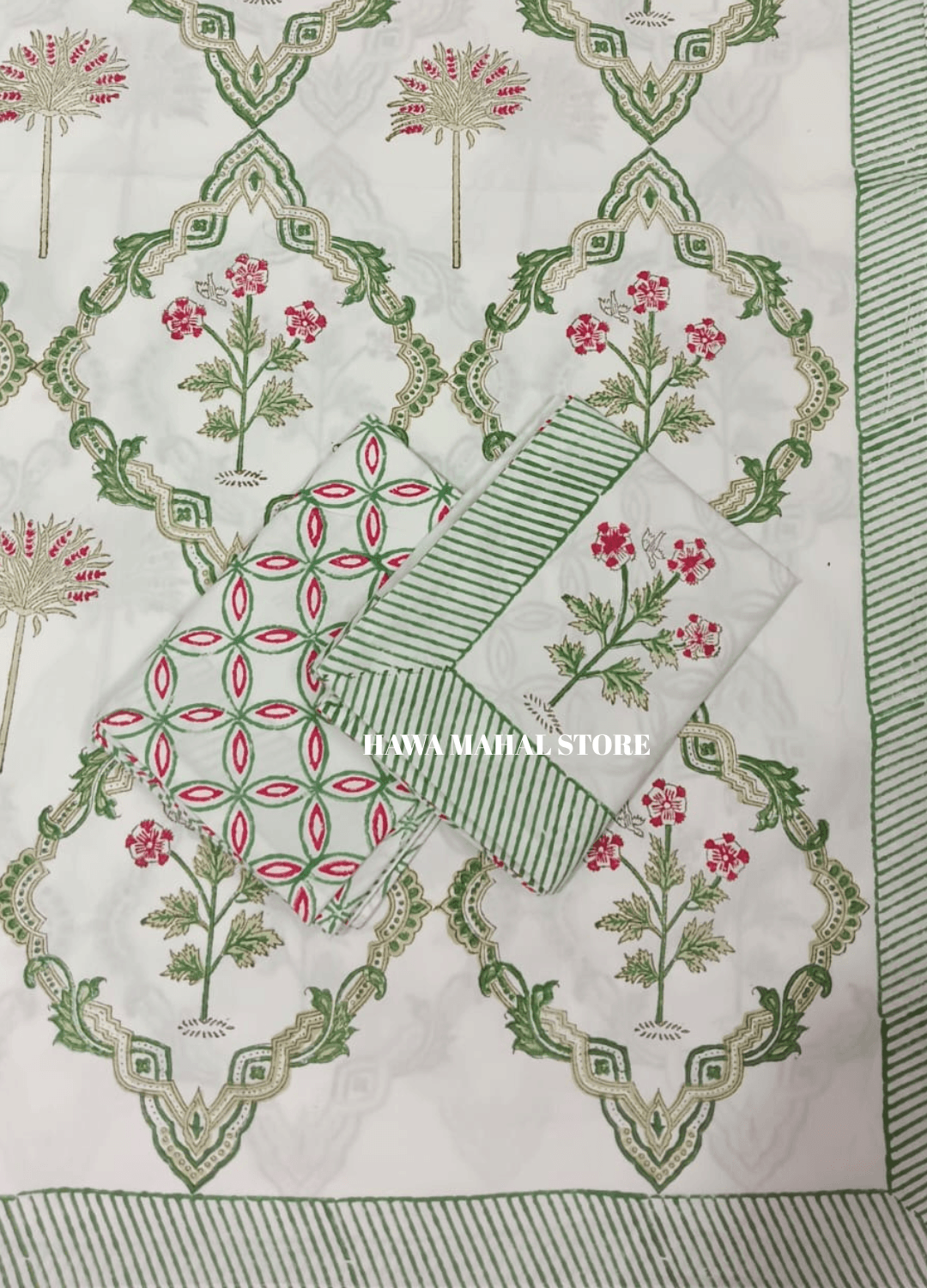 Handblock Print Percale Bedsheet with Reversible Pillow Covers