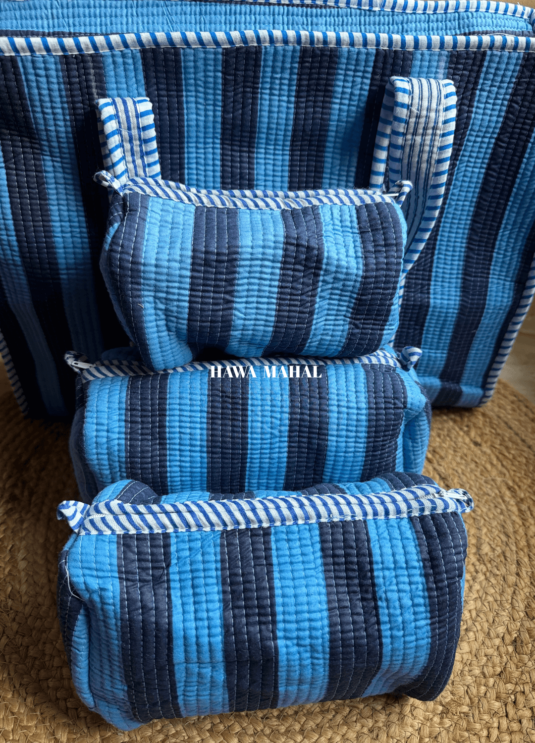 Stripe Quilted Cotton Tote Bag & Pouches (Set of 3) Combo