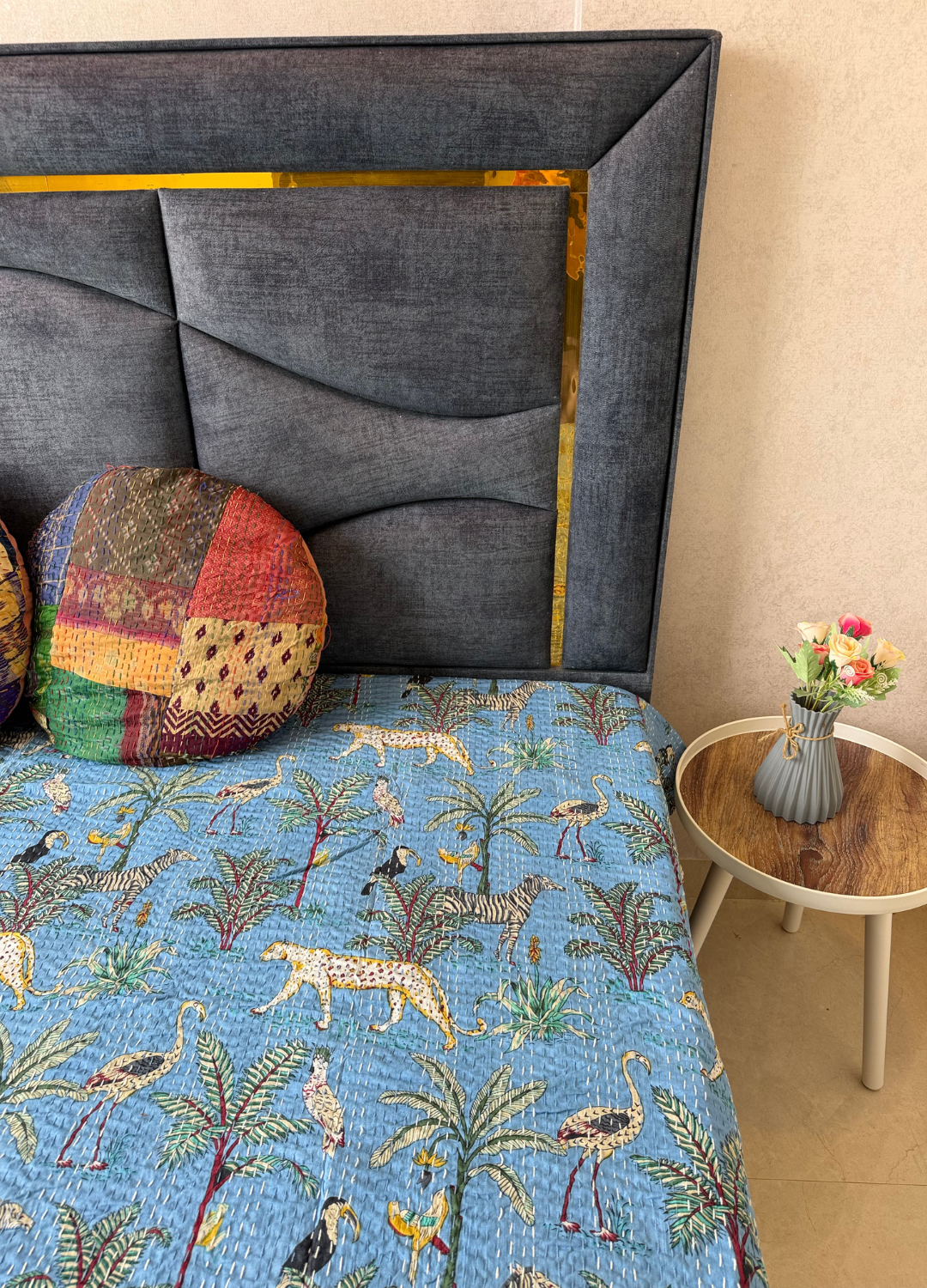 Blue Kantha Luxury Bedcover - 90x108 inch