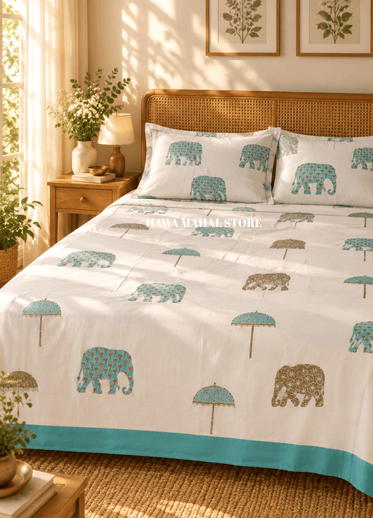 Handblock Print Percale Bedsheet with Reversible Pillow Covers