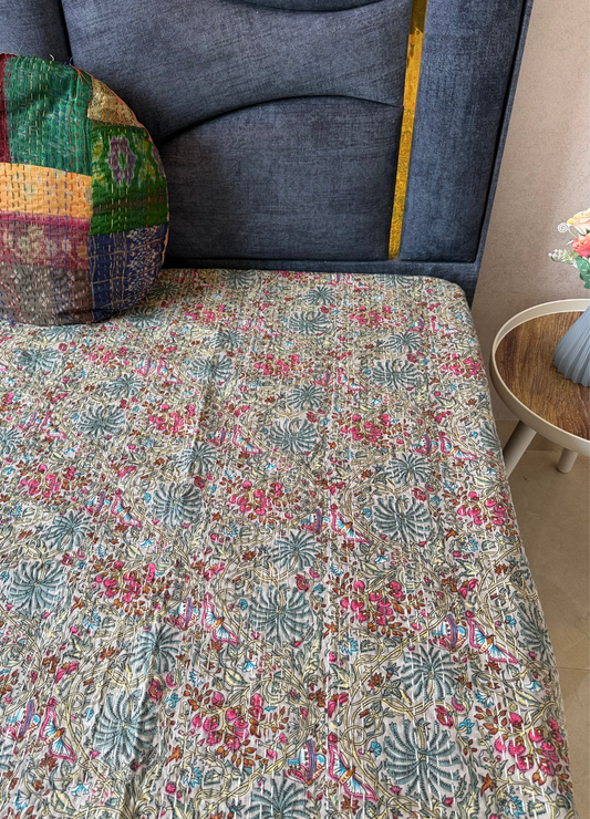 Grey Kantha Luxury Bedcover - 90x108 inch