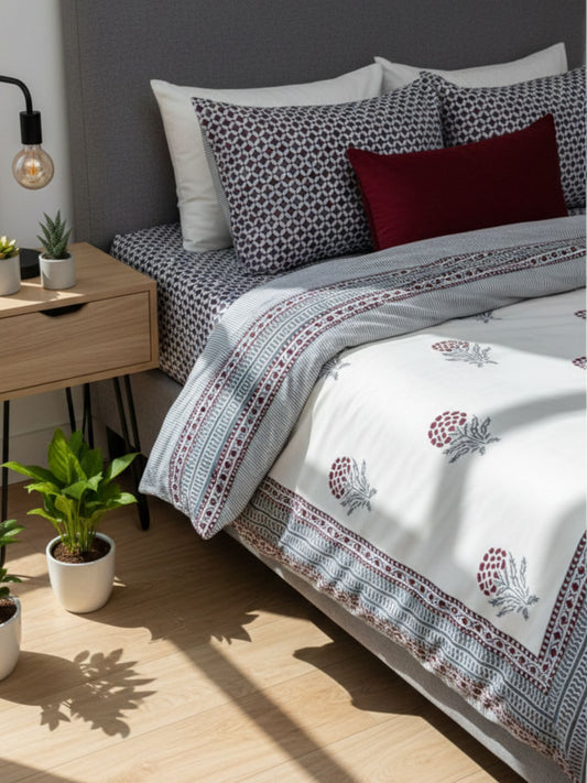 Manjari Hand Block Printed King Bedsheet with Reversible Pillow Covers (90 x 108 inches)